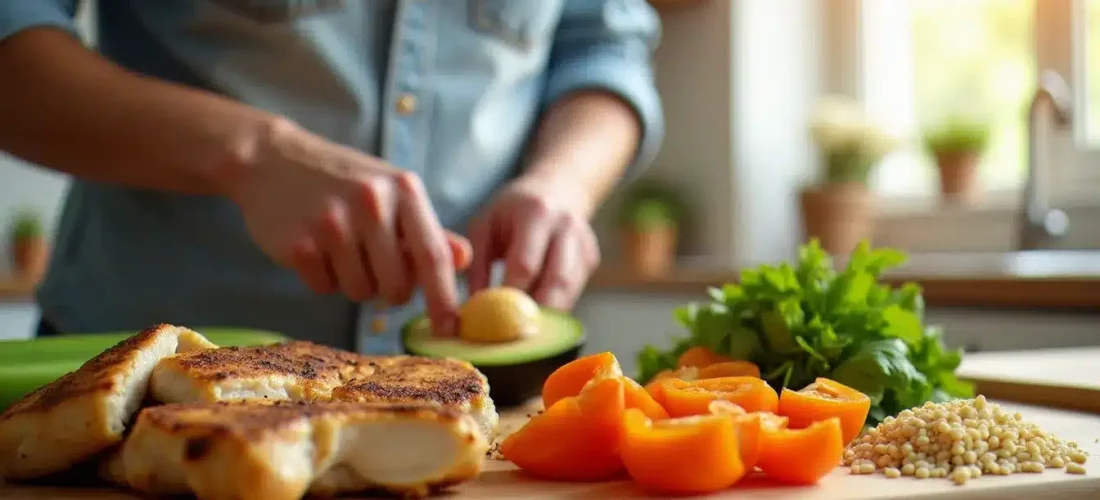 Préparation d'un repas équilibré avec légumes frais et protéines, illustrant une technique efficace pour perdre du poids par l'alimentation saine