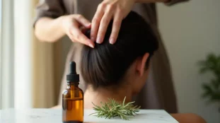 Femme appliquant une technique naturelle pour faire pousser les cheveux par massage du cuir chevelu, avec une huile de romarin posée sur du marbre blanc