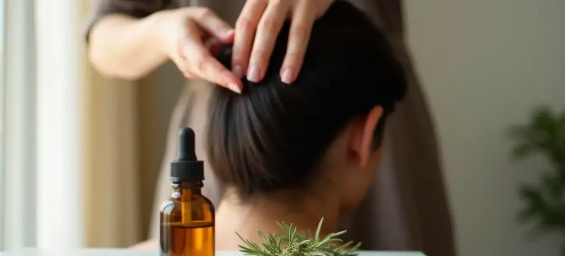 Femme appliquant une technique naturelle pour faire pousser les cheveux par massage du cuir chevelu, avec une huile de romarin posée sur du marbre blanc