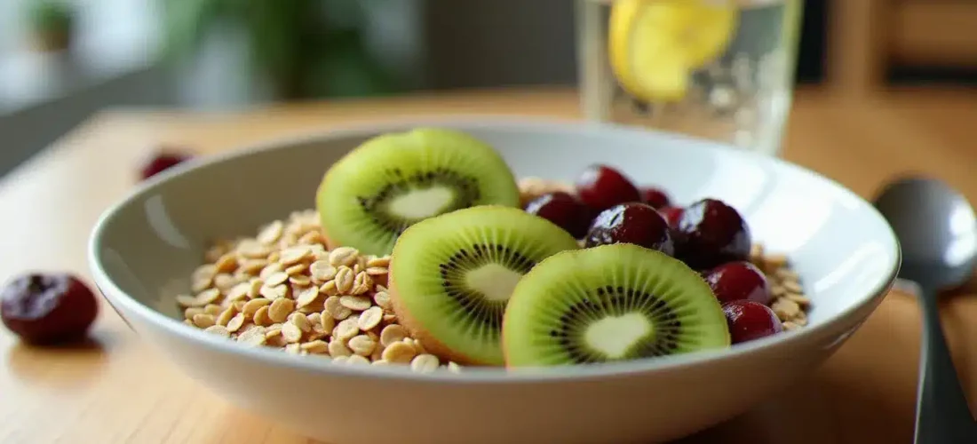 Bol de petit-déjeuner sain riche en fibres naturelles pour favoriser le transit intestinal, illustrant une technique naturelle contre la constipation