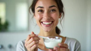 Femme souriante tenant un bol de bicarbonate de soude et une brosse à dents, illustrant une technique naturelle pour blanchir les dents dans une salle de bain lumineuse