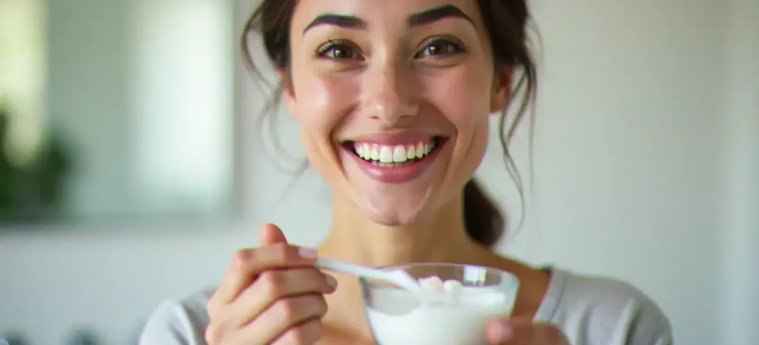 Femme souriante tenant un bol de bicarbonate de soude et une brosse à dents, illustrant une technique naturelle pour blanchir les dents dans une salle de bain lumineuse