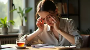 Jeune femme appliquant une technique naturelle pour déboucher le nez par pression des points d'acupression, assise à son bureau avec une tasse de tisane fumante en arrière-plan