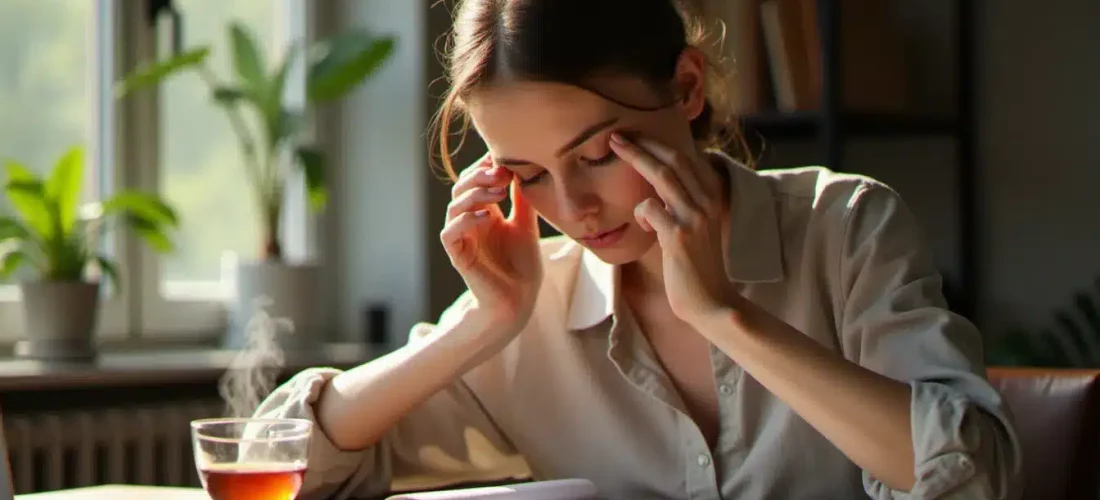 Jeune femme appliquant une technique naturelle pour déboucher le nez par pression des points d'acupression, assise à son bureau avec une tasse de tisane fumante en arrière-plan