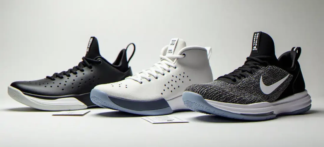 Trois paires de baskets de basketball aux prix différents posées sur une surface blanche, illustrant la technique prix basket et les gammes disponibles