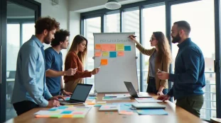 Équipe de hackathon en train de travailler leur technique prix autour d'un tableau blanc dans un espace d'innovation parisien lumineux