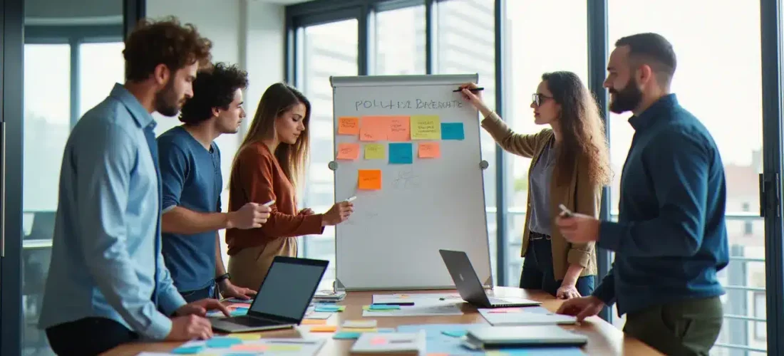 Équipe de hackathon en train de travailler leur technique prix autour d'un tableau blanc dans un espace d'innovation parisien lumineux
