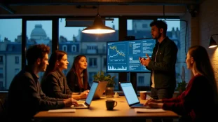 Une équipe de quatre participants au Hi! Paris Hackathon appliquant la technique prix star légendaire devant un tableau de bord de données, dans un espace de coworking parisien moderne en soirée