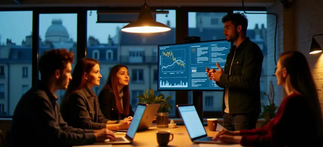 Une équipe de quatre participants au Hi! Paris Hackathon appliquant la technique prix star légendaire devant un tableau de bord de données, dans un espace de coworking parisien moderne en soirée