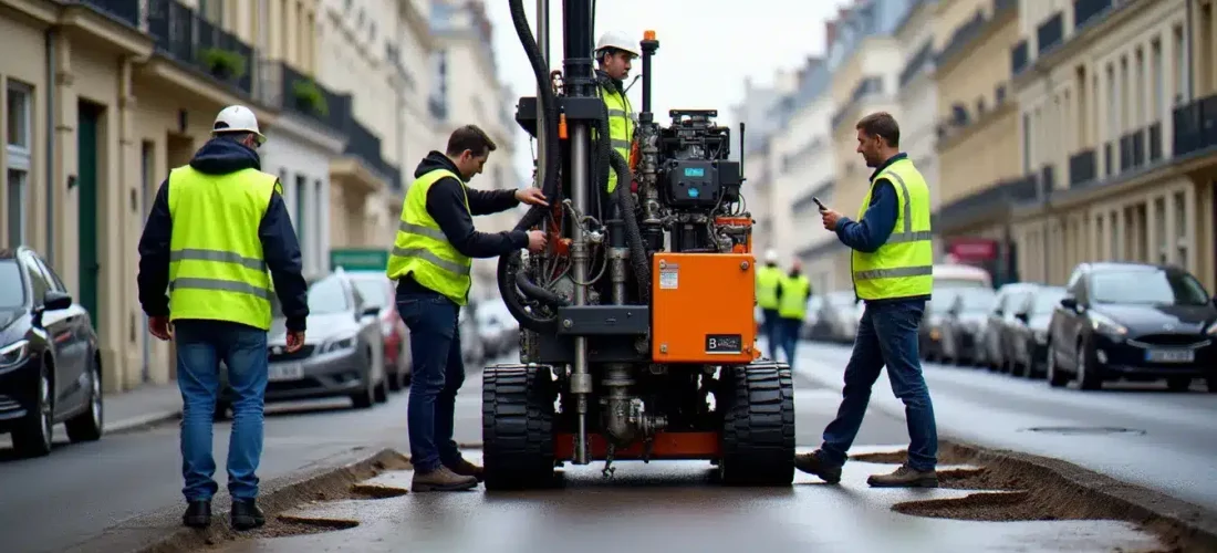 Machine de forage dirigé horizontal en action sur une rue parisienne, illustrant la technique sans tranchée avec une perturbation minimale de la voirie