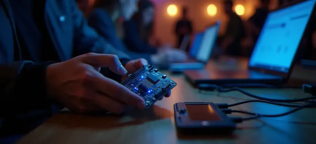 Microcontrôleur ESP32 tenu par un développeur lors d'un hackathon, avec des LED bleues indiquant une connexion Bluetooth active, illustrant la technologie sans fil en 9 lettres