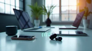 Environnement de bureau connecté avec plusieurs appareils utilisant la technologie sans fil posés sur un bureau blanc, signaux radio visibles autour des appareils