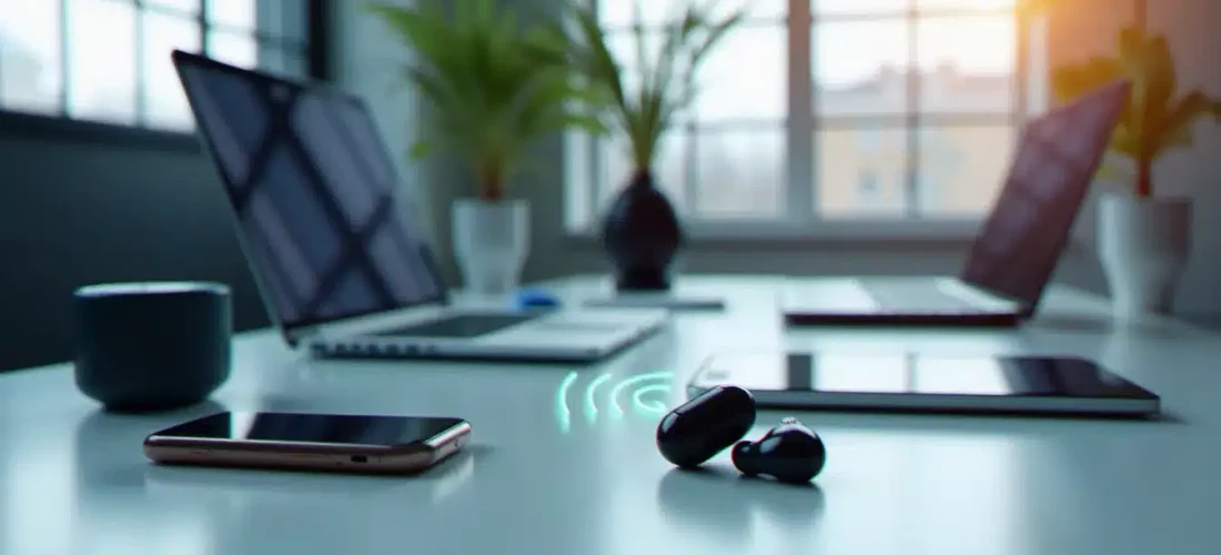Environnement de bureau connecté avec plusieurs appareils utilisant la technologie sans fil posés sur un bureau blanc, signaux radio visibles autour des appareils