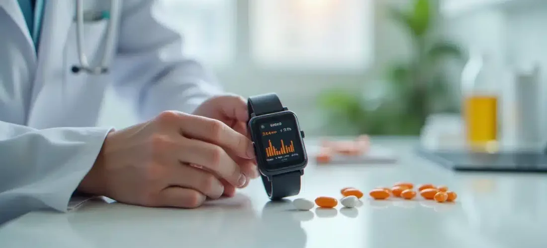 Dispositif wearable de suivi hormonal affichant des données biométriques, illustrant les testo tech effetti collaterali étudiés en laboratoire