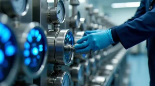 Système de vacuum tech industriel avec pompe à vide en acier inoxydable, manomètres et indicateurs de pression dans un environnement de salle blanche