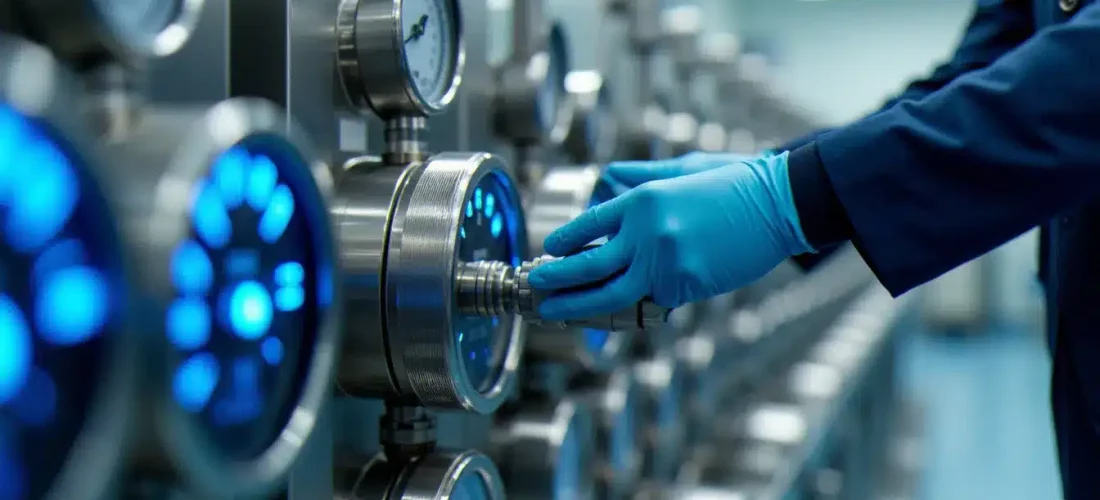 Système de vacuum tech industriel avec pompe à vide en acier inoxydable, manomètres et indicateurs de pression dans un environnement de salle blanche