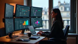 Une product manager analysant un tableau de bord velara tech avis sur ses écrans dans un espace de coworking parisien lumineux