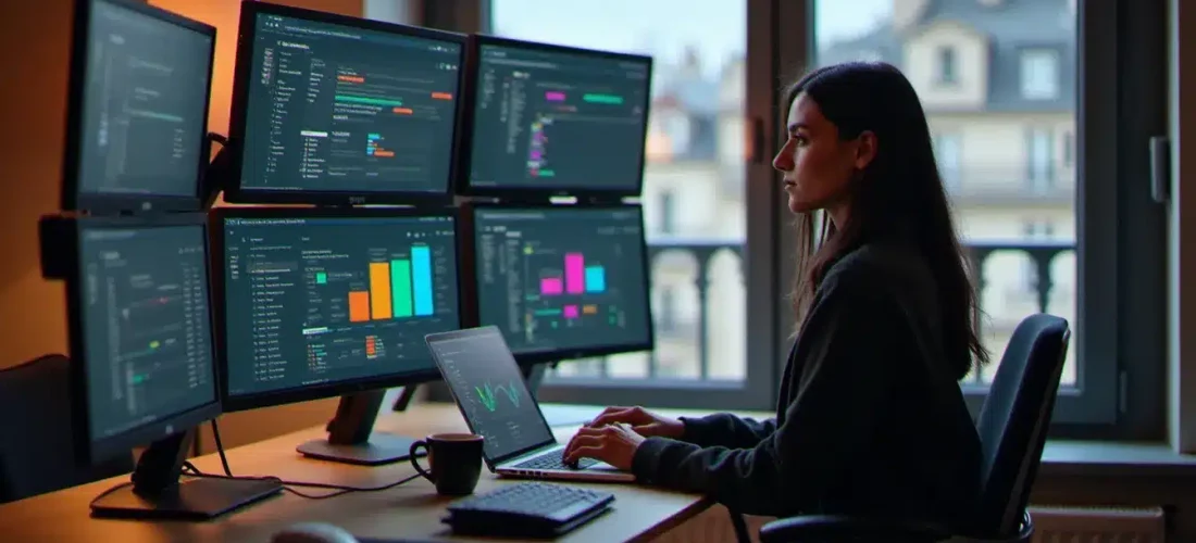 Une product manager analysant un tableau de bord velara tech avis sur ses écrans dans un espace de coworking parisien lumineux