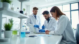 Équipe pluridisciplinaire travaillant dans un laboratoire de biotech moderne, illustrant ce qu'est une biotech company aujourd'hui
