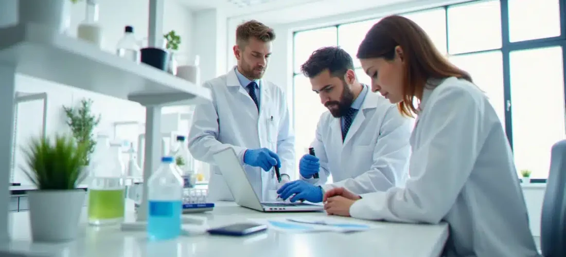 Équipe pluridisciplinaire travaillant dans un laboratoire de biotech moderne, illustrant ce qu'est une biotech company aujourd'hui